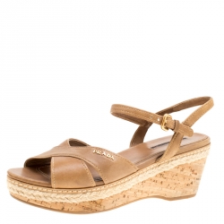 Pre Owned Prada Sport Brown Leather Ankle Strap Platform Espadrille Sandals Size 38