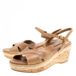 Pre Owned Prada Sport Brown Leather Ankle Strap Platform Espadrille Sandals Size 38