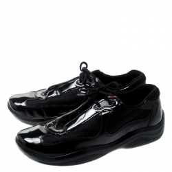 Pre Owned Prada Mesh And Patent Leather Carrie Lace Up Sneakers Size 36.5