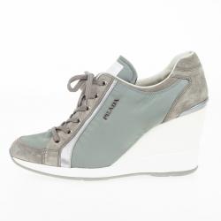 Pre Owned Prada Sport Grey Nylon Suede Trim Wedge Sneakers Size 38
