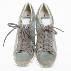 Pre Owned Prada Sport Grey Nylon Suede Trim Wedge Sneakers Size 38