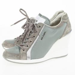 Pre Owned Prada Sport Grey Nylon Suede Trim Wedge Sneakers Size 38