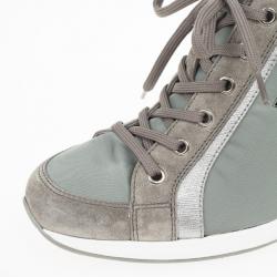 Pre Owned Prada Sport Grey Nylon Suede Trim Wedge Sneakers Size 38