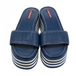 Pre Owned Prada Sport Blue Leather Flat Sandals Size 37