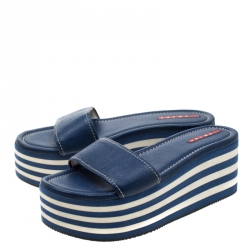 Pre Owned Prada Sport Blue Leather Flat Sandals Size 37