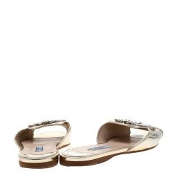 Prada Metallic Silver Leather Crystal Embellished Flat Slides 37.5