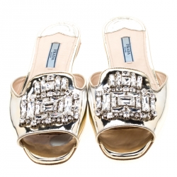 Prada Metallic Silver Leather Crystal Embellished Flat Slides 37.5