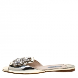 Prada Metallic Silver Leather Crystal Embellished Flat Slides 37.5