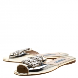Prada Metallic Silver Leather Crystal Embellished Flat Slides 37.5