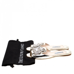 Prada Metallic Silver Leather Crystal Embellished Flat Slides 37.5