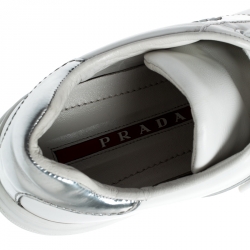 Pre Owned Prada Sport White Metallic Silver/White Leather Lace Up Sneakers Size 37