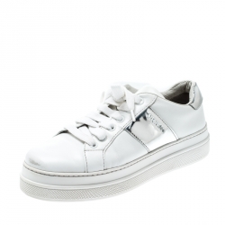 Pre Owned Prada Sport White Metallic Silver/White Leather Lace Up Sneakers Size 37
