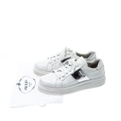 Pre Owned Prada Sport White Metallic Silver/White Leather Lace Up Sneakers Size 37