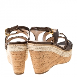 Pre Owned Prada Sport Brown Leather Strappy Cork Wedge Platform Sandals Size 39.5