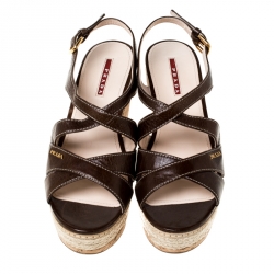 Pre Owned Prada Sport Brown Leather Strappy Cork Wedge Platform Sandals Size 39.5