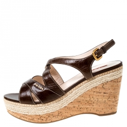 Pre Owned Prada Sport Brown Leather Strappy Cork Wedge Platform Sandals Size 39.5