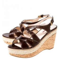 Pre Owned Prada Sport Brown Leather Strappy Cork Wedge Platform Sandals Size 39.5