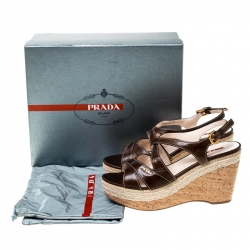 Pre Owned Prada Sport Brown Leather Strappy Cork Wedge Platform Sandals Size 39.5