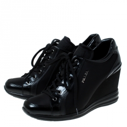 Pre Owned Prada Sport Black Nylon and Leather Wedge Sneakers Size 39