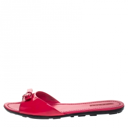 Pre Owned Prada Red Patent Leather Bow Flat Slides Size 41