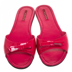 Pre Owned Prada Red Patent Leather Bow Flat Slides Size 41