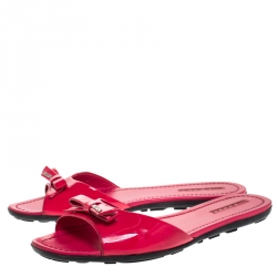 Pre Owned Prada Red Patent Leather Bow Flat Slides Size 41
