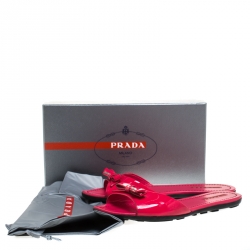 Pre Owned Prada Red Patent Leather Bow Flat Slides Size 41