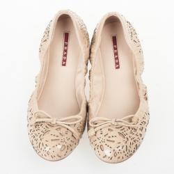 Pre Owned Prada Sport Beige Floral Laser Cut Patent Leather Bow Ballet Flats Size 38.5