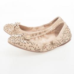 Pre Owned Prada Sport Beige Floral Laser Cut Patent Leather Bow Ballet Flats Size 38.5