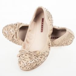 Pre Owned Prada Sport Beige Floral Laser Cut Patent Leather Bow Ballet Flats Size 38.5