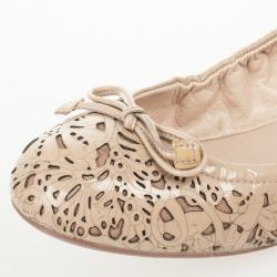 Pre Owned Prada Sport Beige Floral Laser Cut Patent Leather Bow Ballet Flats Size 38.5