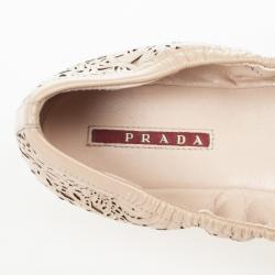 Pre Owned Prada Sport Beige Floral Laser Cut Patent Leather Bow Ballet Flats Size 38.5