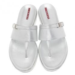 Pre Owned Prada Sport Silver Metallic Leather Thong Sandals Size 39