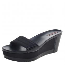Prada Sport Black Canvas and Leather Wedge Slides Size 39.5