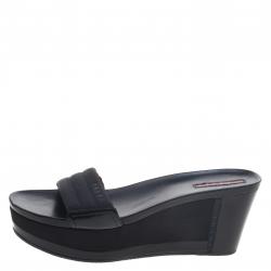 Prada Sport Black Canvas and Leather Wedge Slides Size 39.5