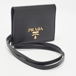 Prada Black Saffiano Leather Card Case Lanyard