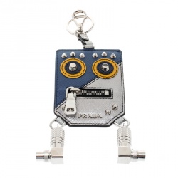 Prada Silver Saffiano Leather Robot Coin Purse Key Chain