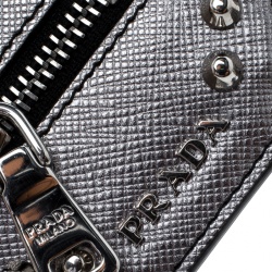 Prada Silver Saffiano Leather Robot Coin Purse Key Chain