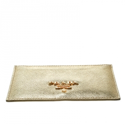 Pre Owned Prada Gold Saffiano Metal Leather Card Holder