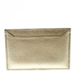 Pre Owned Prada Gold Saffiano Metal Leather Card Holder
