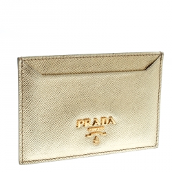 Pre Owned Prada Gold Saffiano Metal Leather Card Holder