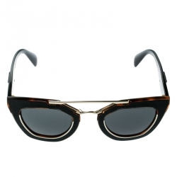 Pre Owned Prada Dark Brown/ Grey Leather Accent SPR14S Geometric Sunglasses