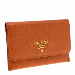 Pre Owned Prada Orange Saffiano Leather Cardholder Wallet