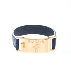 Pre Owned Prada Navy Blue Leather Gold Tone Bracelet