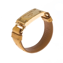 Pre Owned Prada Yellow Ostrich Leather Gold Tone Bracelet 17 cm