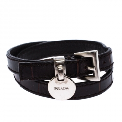 Pre Owned Prada Brown Leather Silver Tone Double Wrap Bracelet
