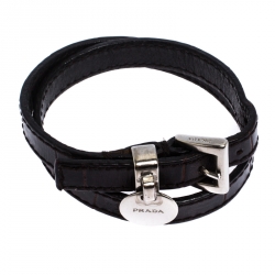 Pre Owned Prada Brown Leather Silver Tone Double Wrap Bracelet