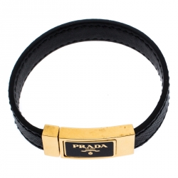 Pre Owned Prada Black Saffiano Leather Signature Logo Cuff Bracelet M