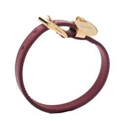 Pre Owned Prada Pink Saffiano Leather Gold Tone Logo Charm Bracelet 