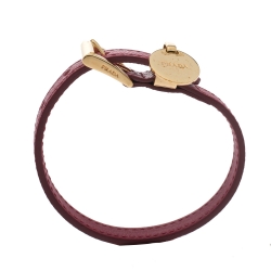 Pre Owned Prada Pink Saffiano Leather Gold Tone Logo Charm Bracelet 